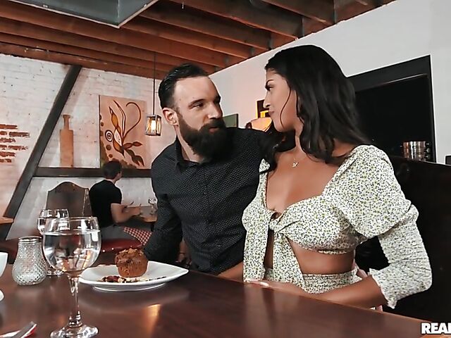 Sophia Leone's natural latina tits and delicious pussy for Alex Legend in the restaurant