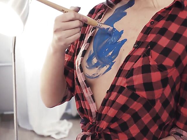 Solo body painting and paintbrush masturbation with Elza A from Met Art