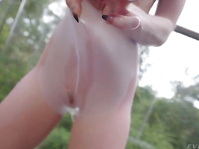 Wet oiled ass anal solo in ripped pantyhose on a rainy day with Scarlet Chase