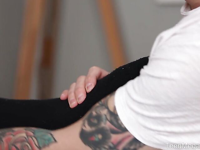 Slim teen in black stockings Alice Paradise gets turned on