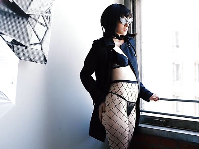 Fishnet solo with small tits brunette Izzy Lush