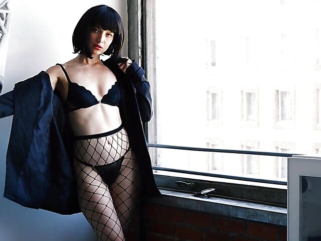 Fishnet solo with small tits brunette Izzy Lush