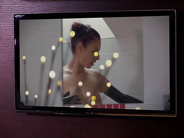 Antonia Sainz masturbating while watching porn in latex stockings