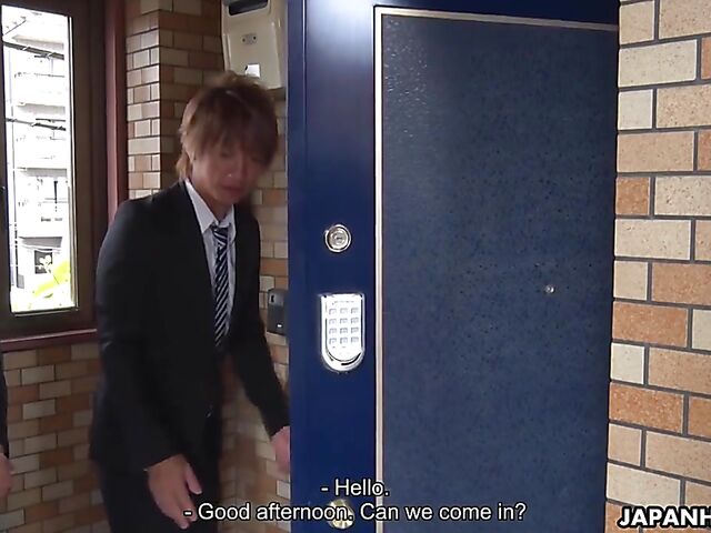 Two guys finger fuck Mio Yoshida's Japanese shaved pussy