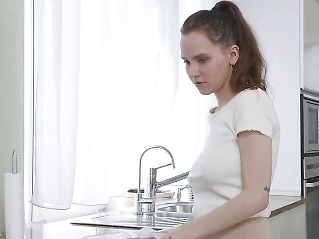 Standing masturbation in the kitchen with big titty girl Eva Lee