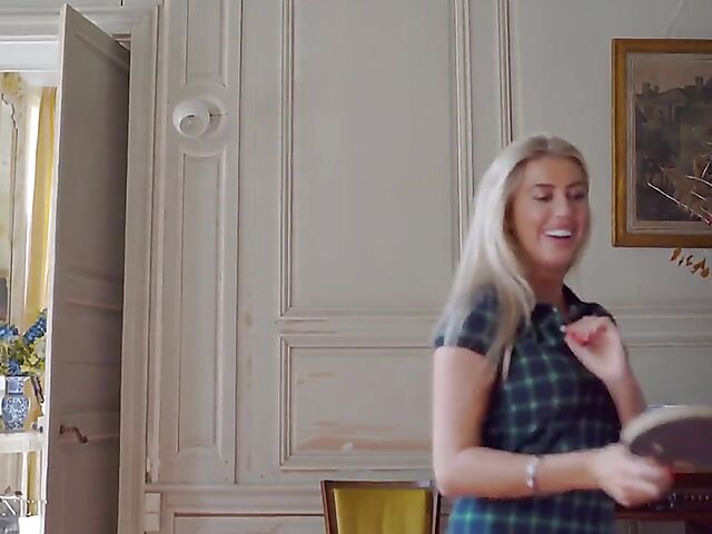 Blonde babe Paige Johnson plays table tennis topless and then takes off her panties