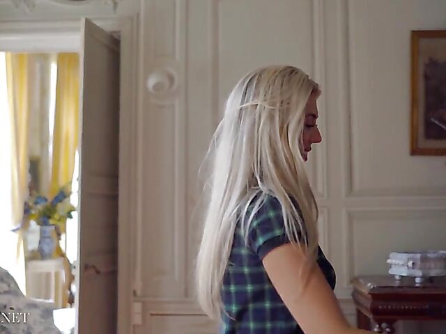 Blonde babe Paige Johnson plays table tennis topless and then takes off her panties