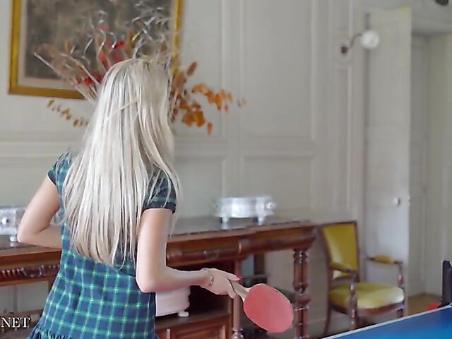 Blonde babe Paige Johnson plays table tennis topless and then takes off her panties
