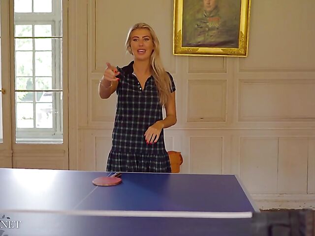 Blonde babe Paige Johnson plays table tennis topless and then takes off her panties