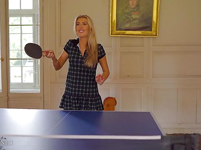 Blonde babe Paige Johnson plays table tennis topless and then takes off her panties