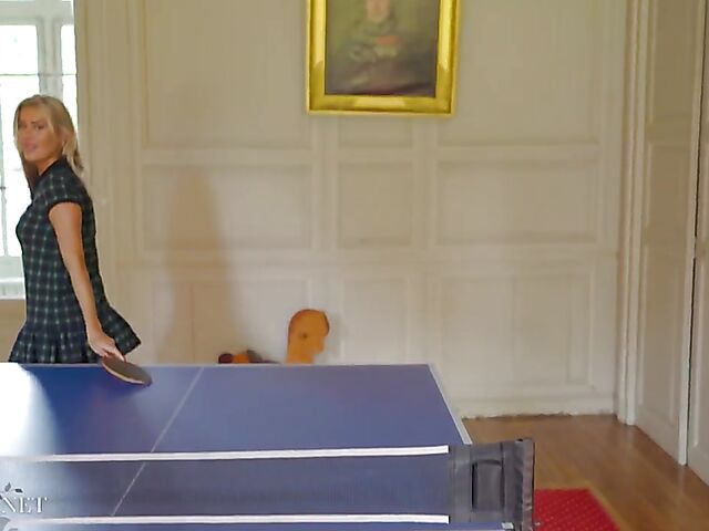 Blonde babe Paige Johnson plays table tennis topless and then takes off her panties