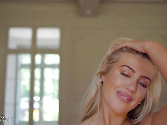 Blonde babe Paige Johnson plays table tennis topless and then takes off her panties