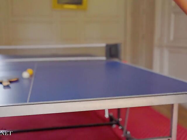 Blonde babe Paige Johnson plays table tennis topless and then takes off her panties