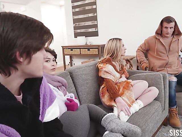 Teen foursome with stepsisters Jazmin Luv and Nicole Aria