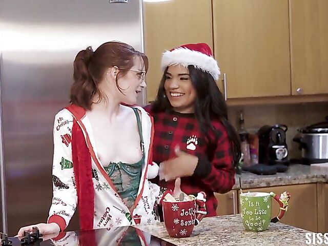 Christmas teen threesome with naughty stepsisters Reese Robbins and Summer Col