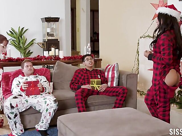 Christmas teen threesome with naughty stepsisters Reese Robbins and Summer Col