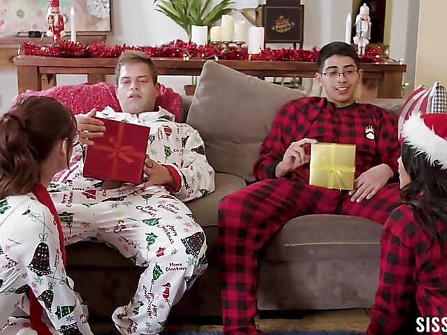 Christmas teen threesome with naughty stepsisters Reese Robbins and Summer Col