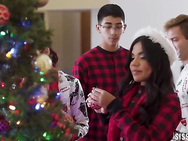 Christmas teen threesome with naughty stepsisters Reese Robbins and Summer Col