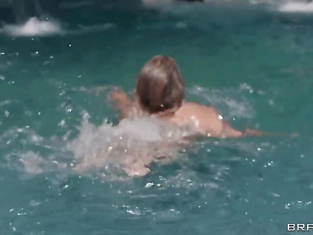 Big boob babe Kayley Gunner leaves the pool area for hot sex with Keiran Lee