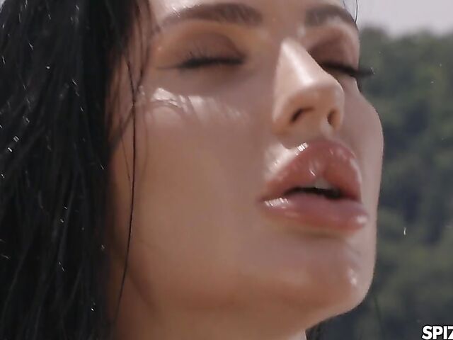 Sweaty hot brunette with fake boobs Honey Demon handles an earth drill and a cock
