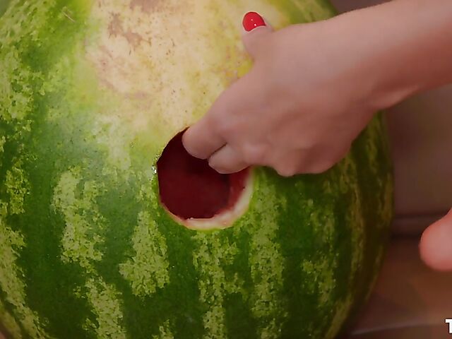 Strapon solo with Antonia Sainz fucking a watermelon
