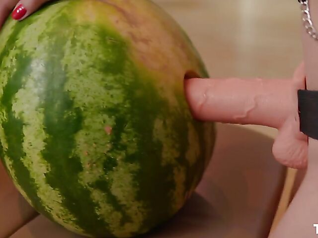 Strapon solo with Antonia Sainz fucking a watermelon