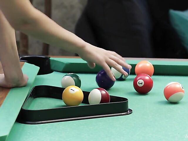 Sexy fingering solo on the pool table with shaved babe Marie Berger