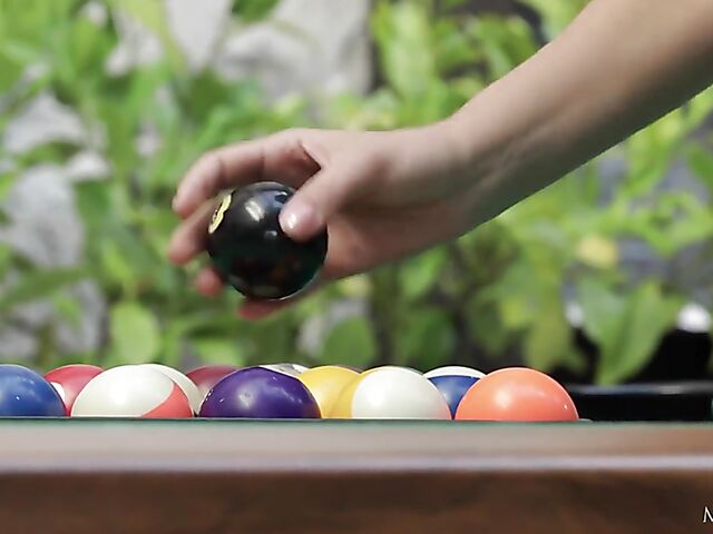 Sexy fingering solo on the pool table with shaved babe Marie Berger