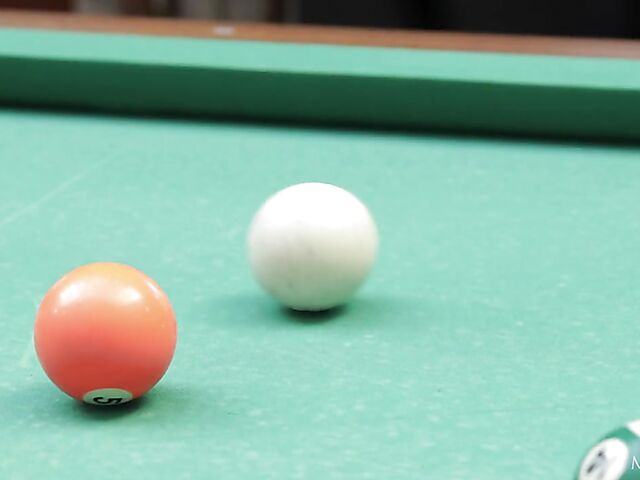 Sexy fingering solo on the pool table with shaved babe Marie Berger