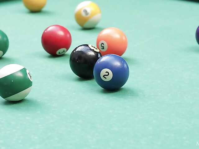 Sexy fingering solo on the pool table with shaved babe Marie Berger