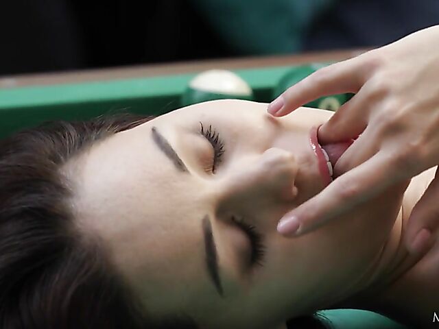 Sexy fingering solo on the pool table with shaved babe Marie Berger