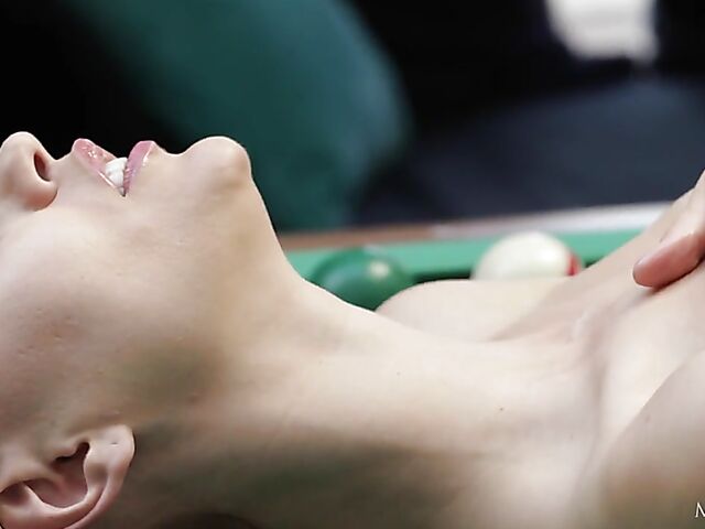 Sexy fingering solo on the pool table with shaved babe Marie Berger