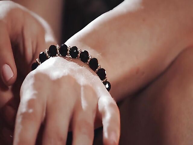 Erotic solo in black lingerie with Anna Rose playing with her vibrator on the stairs