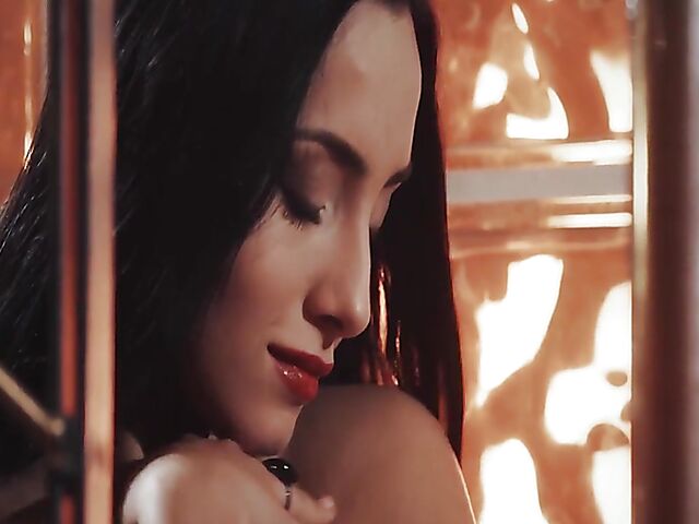 Erotic solo in black lingerie with Anna Rose playing with her vibrator on the stairs