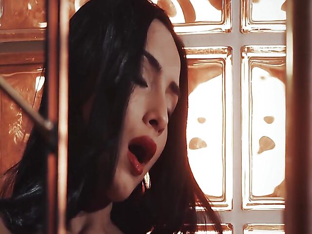 Erotic solo in black lingerie with Anna Rose playing with her vibrator on the stairs