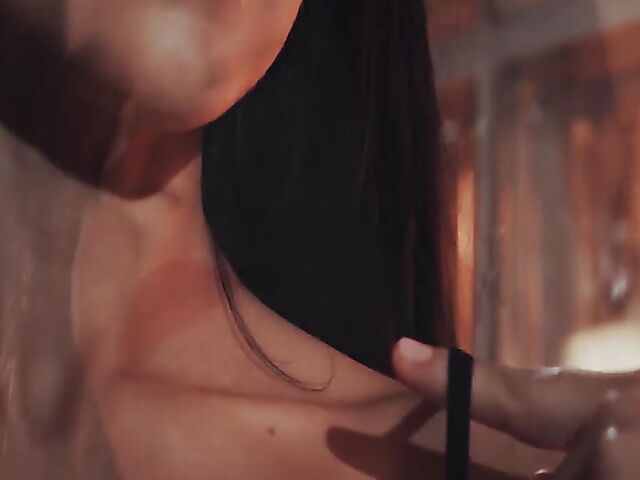 Erotic solo in black lingerie with Anna Rose playing with her vibrator on the stairs