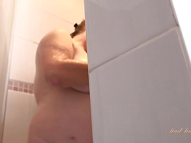Shower spy and bathroom masturbation POV fantasy with busty mature BBW Rachel