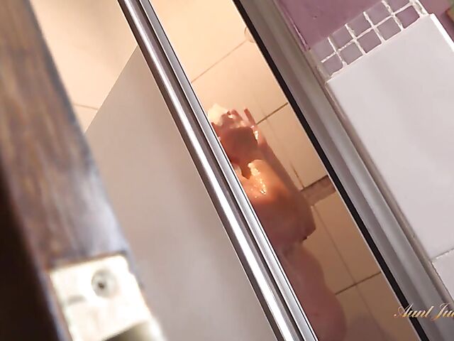 Shower spy and bathroom masturbation POV fantasy with busty mature BBW Rachel