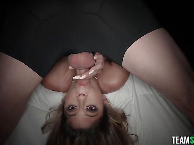 POV blowjob in the dark in fishnets and miniskirt with Koco Chanel