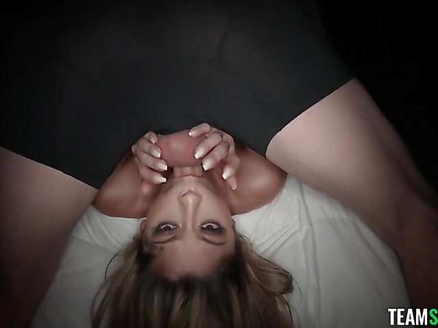 POV blowjob in the dark in fishnets and miniskirt with Koco Chanel