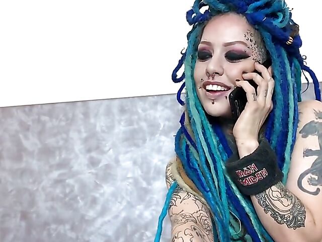 Blue hair punk tattoo girl with piercings Lady Blue loves to fuck