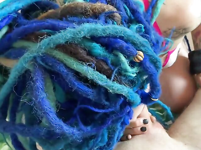 Blue hair punk tattoo girl with piercings Lady Blue loves to fuck