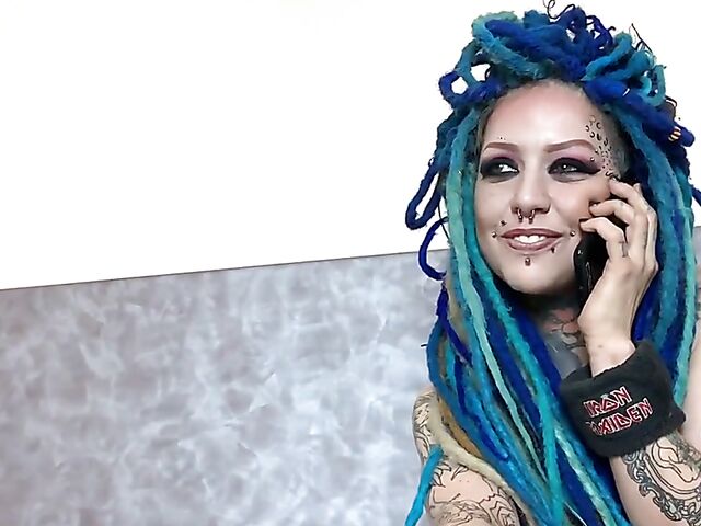 Blue hair punk tattoo girl with piercings Lady Blue loves to fuck