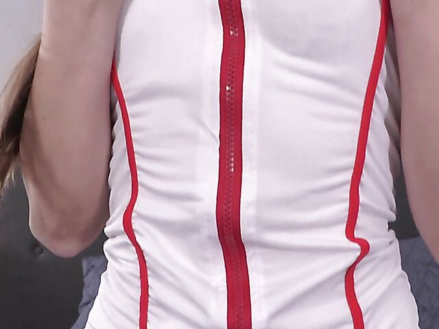 Small tits MILF Lea takes off her nurse uniform and lingerie to finger her bald pussy for you