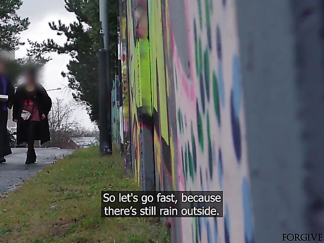 Tattooed french slut in a red mini skirt gets talked into sex