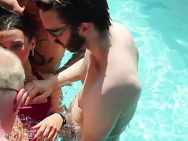 Hot summer outdoor pool gangbang with Julie Skyhigh