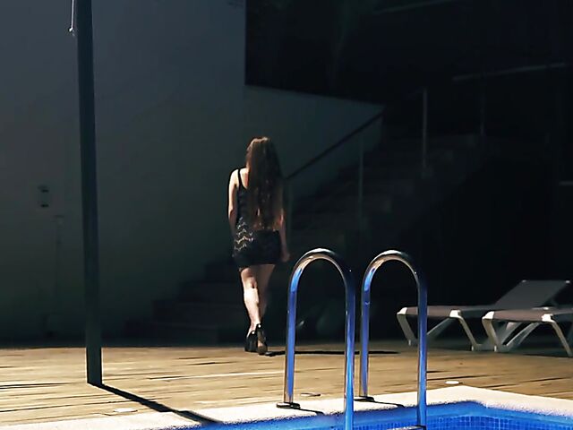 Outdoor solo with skinny Berenice using a vibrator on her bald pussy by the pool