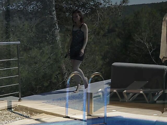 Outdoor solo with skinny Berenice using a vibrator on her bald pussy by the pool