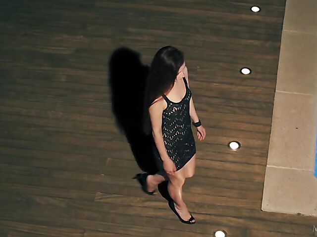 Outdoor solo with skinny Berenice using a vibrator on her bald pussy by the pool