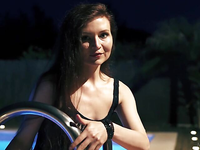 Outdoor solo with skinny Berenice using a vibrator on her bald pussy by the pool